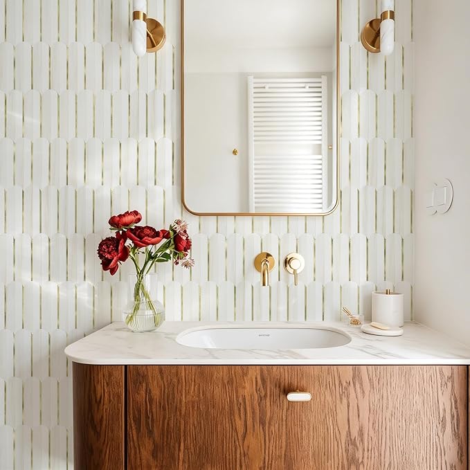 Vamos Tile Peel and Stick Backsplash Seamless Tile,Fish Scale,Glossy,10 pcs | 11.9''x10.8'',White& Dolomite PVC+Light Gold Stick on Backsplash Tile for Kitchen & Bathroom & Laundry & Camper