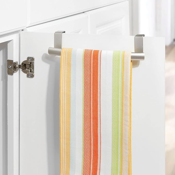 mDesign Steel Over Door Curved Towel Bar Storage, Hanger for Cabinet or Cupboard, Holder Rack for Kitchen, Bathroom - Holds Hand/Dish Towels, Washcloths - Spira Collection - 2 Pack - Satin