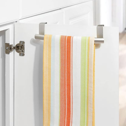 mDesign Steel Over Door Curved Towel Bar Storage, Hanger for Cabinet or Cupboard, Holder Rack for Kitchen, Bathroom - Holds Hand/Dish Towels, Washcloths - Spira Collection - 2 Pack - Satin