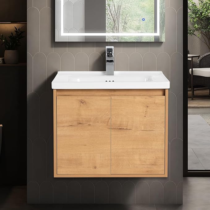 Blossom 24 Inch Classic Oak Plywood Bathroom Vanity with Ceramic Sink, Modern Wall Mounted Floating Bathroom Vanity Cabinet with Soft Close Doors and Moisture Resistant Finish