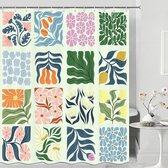 JAWO Retro Shower Curtain Vintage Abstract Boho Floral Shower Curtains for Bathroom Decor Green Teal Botanical Geometric Groovy Aesthetic Pattern Shower Curtain Sets with Hooks, 70X70IN