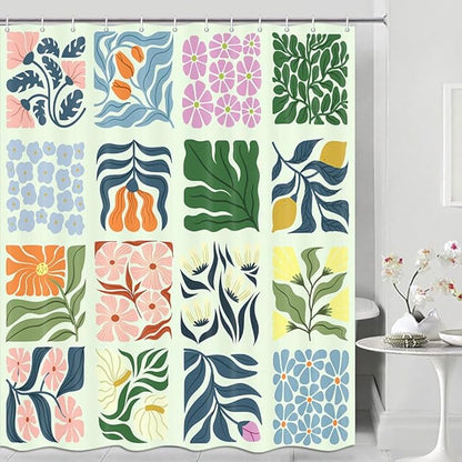JAWO Retro Shower Curtain Vintage Abstract Boho Floral Shower Curtains for Bathroom Decor Green Teal Botanical Geometric Groovy Aesthetic Pattern Shower Curtain Sets with Hooks, 70X70IN