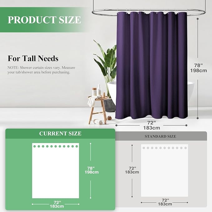 Long Waffle Shower Curtain 256 GSM Heavy Fabric 72x78 Purple | 78 Inch Long, Thick Cloth, Weighted Hem, Water Repellent, Tall Hotel Luxury Polyester Shower Curtains for Bathroom 12 Hooks