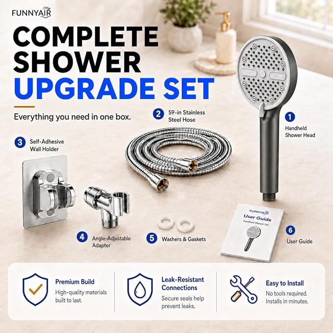 High Pressure Shower Head, Stick-on Low Mount Wall Bracket, Grey | 5 Spray Modes, Water-Saving, 360° Adjustable Bracket, For Low Water Pressure Home, RV, Bathroom, Fix Firmly Kid-Friendly