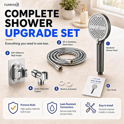 High Pressure Shower Head, Stick-on Low Mount Wall Bracket, Grey | 5 Spray Modes, Water-Saving, 360° Adjustable Bracket, For Low Water Pressure Home, RV, Bathroom, Fix Firmly Kid-Friendly