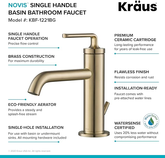 KRAUS Ramus Single Handle Bathroom Sink Faucet with Lift Rod Drain in Brushed Gold, KBF-1221BG-2PK