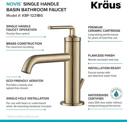KRAUS Ramus Single Handle Bathroom Sink Faucet with Lift Rod Drain in Brushed Gold, KBF-1221BG-2PK