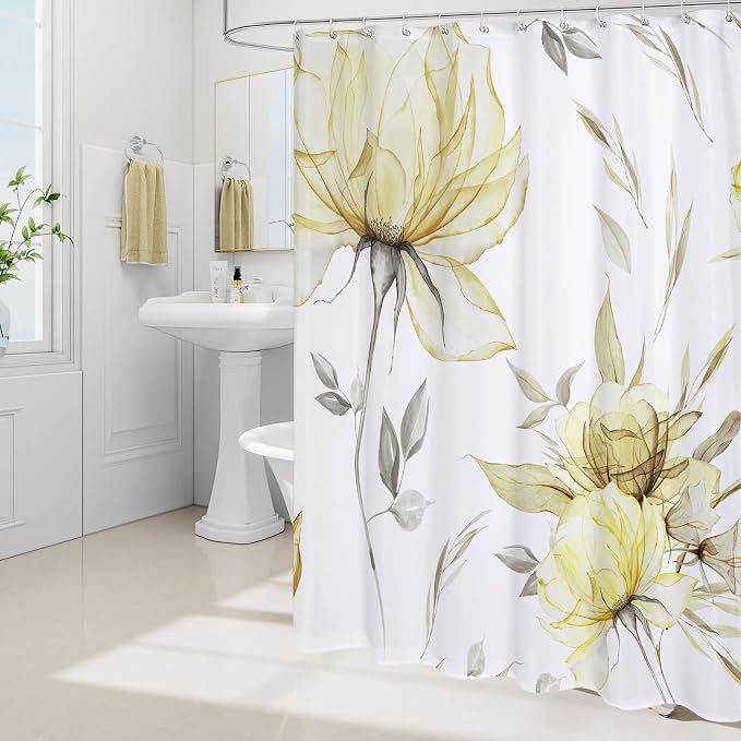 Litabel Extra Long Boho Watercolor Floral Shower Curtain 72 x 84, Yellow Painting Style Flower Shower Curtains for Chic Elegant Bathroom, Artistic XL Modern Fabric Cloth Shower Curtain