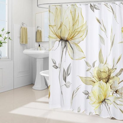 Yellow Boho Floral Shower Curtain, Watercolor Botanical Design, 36 x 72 | Boho Floral Design, Watercolor Ink Painting Style, Botanical Flowers & Leaves, Elegant Bathroom Accent, Fabric Cloth Curtain
