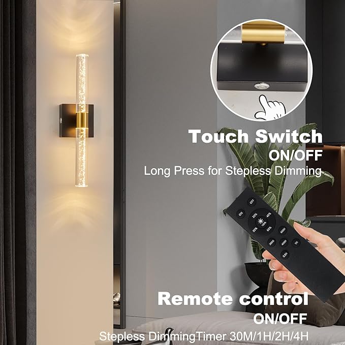 Battery Operated Wall Sconces Set of Two, Rechargeable Modern Crystal Bathroom Sconces, 3000K-6000K Dimmable Gold LED Wireless Wall Lights for Vanity Bedroom Living Room Hallway（Black Gold）