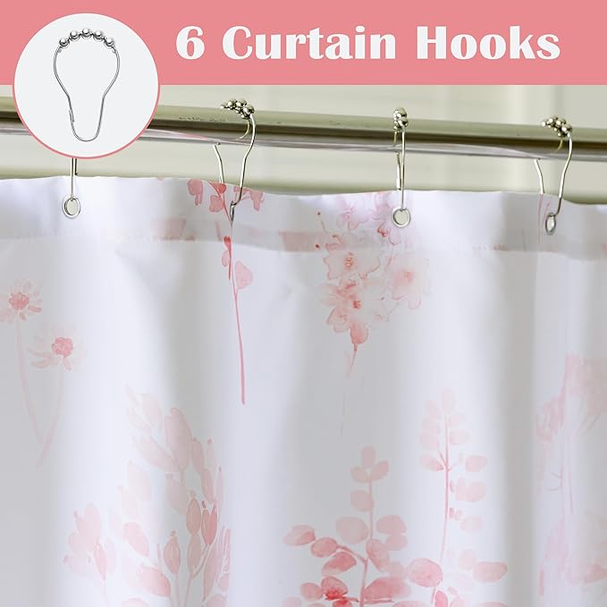 Cute Stall Shower Curtain for Kids Girls Bathroom, Hot Pink Floral Fabric Feminine Beautiful Shower Curtain Set with Hooks 36X72