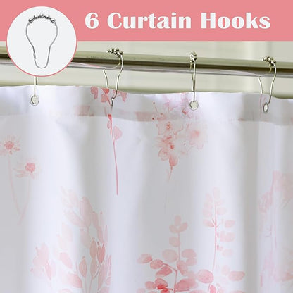Cute Stall Shower Curtain for Kids Girls Bathroom, Hot Pink Floral Fabric Feminine Beautiful Shower Curtain Set with Hooks 36X72