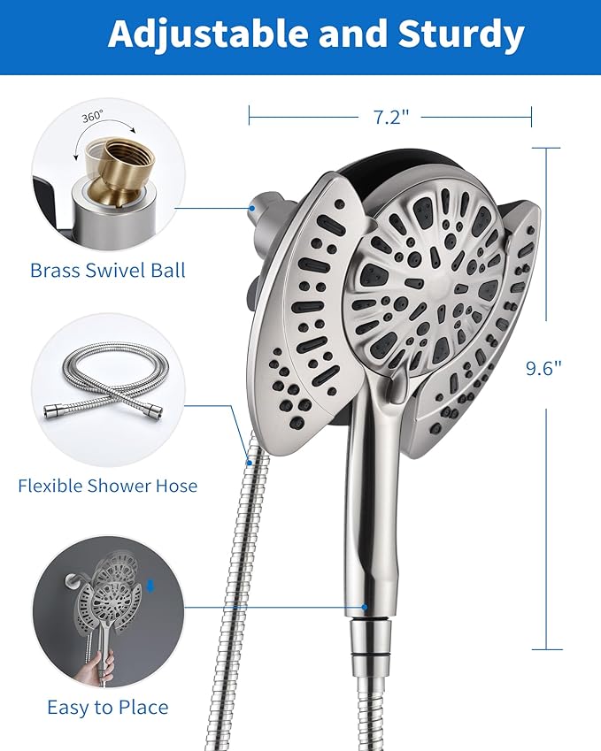 2 in 1 Shower Head with Handheld Combo High Pressure Nickel 1.8 GPM | 7.2" Rain Showerhead and 9 Spray Hand Held Shower, Adjustable Shower Angle, 59-inch Rotatable Stainless Steel Hose