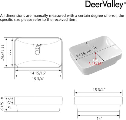 DeerValley Horizon 15.94x12.01 Inch Semi-Recessed Bathroom Vessel Sink, White Ceramic Rectangular Vanity Sink, Model DV-1V0346