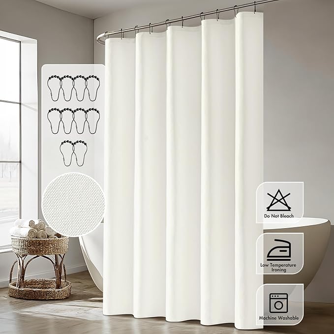 ANRODUO White Linen Textured Fabric Shower Curtain Set - 60"x72" with 10 Rust Resistant Durable Metal Hooks, Waterproof & Heavy Duty Polyester, Button Hole Design, Machine Washable for Bathroom
