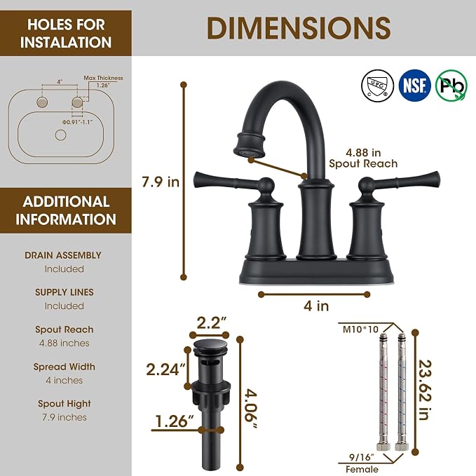 4 Inch Centerset Bathroom Faucet Matte Black,2 Handle Bathroom Faucet 3 Hole, Antique Brass Bathroom Faucet with Pop Up Drain Supply Hose for Vanity Lavatory RV Farmhouse(L2303-BK)