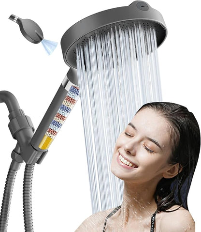Filtered Shower Head, 6 inch High Pressure Handheld Shower Head with Filter for Hard Water, 6 Spray Modes Detachable Showerhead with Hose and Shower Arm Bracket, Dark Grey