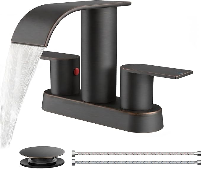 FORIOUS Bathroom Faucet 4 Inch Centerset 2 Hole Waterfall Oil Rubbed Bronze | Bathroom Sink Faucet 2 Handles with Pop up Drain and cUPC Hose, Lead-Free, Suitable for RV Vanity Lavatory and Restroom