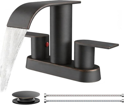 FORIOUS Bathroom Faucet 4 Inch Centerset 2 Hole Waterfall Oil Rubbed Bronze | Bathroom Sink Faucet 2 Handles with Pop up Drain and cUPC Hose, Lead-Free, Suitable for RV Vanity Lavatory and Restroom