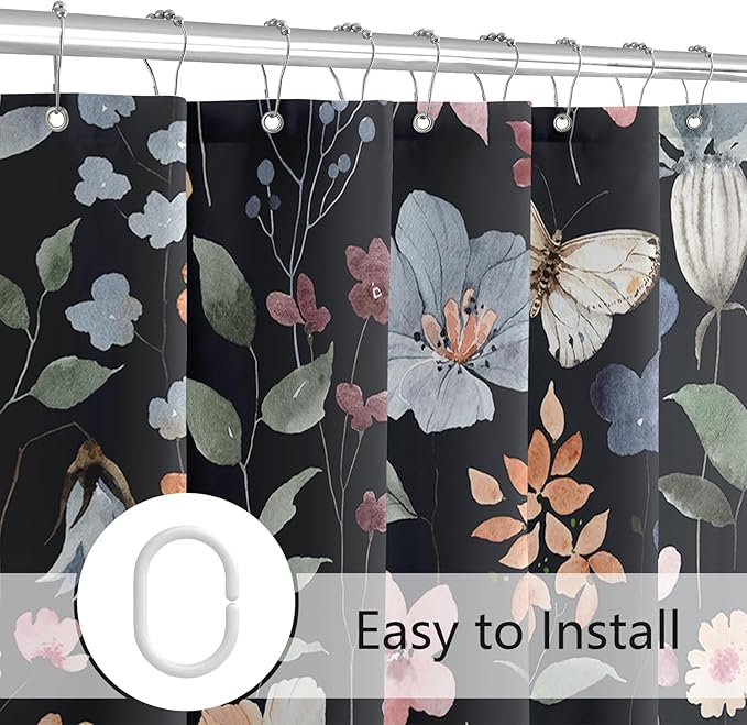 Extra Long Shower Curtain 72 x 96 Inch, Floor to Ceiling X-Long Black Floral Shower Curtain, Colorful Watercolor Wildflower Boho Vintage Trendy Fabric Shower Curtain Set with Hooks