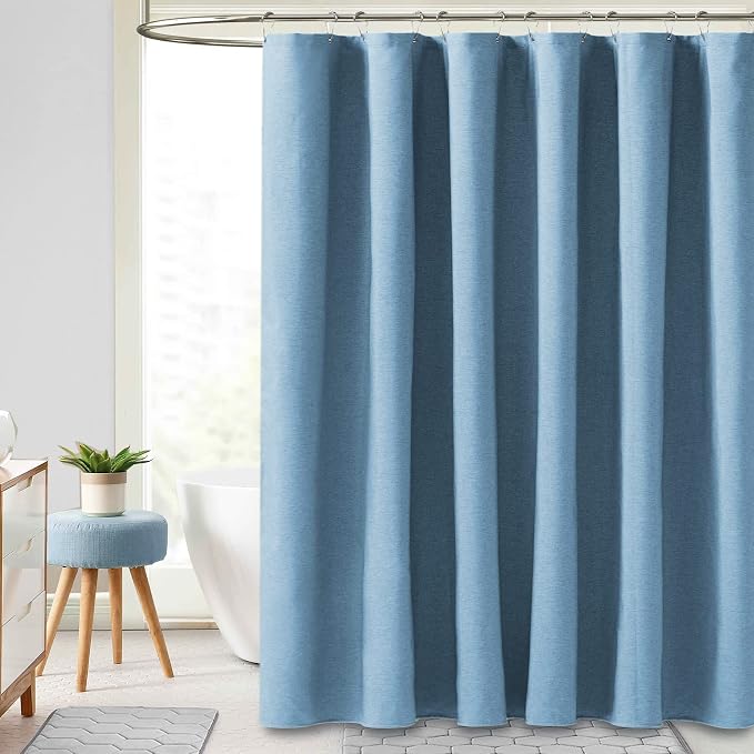 Long Linen Textured Waterproof Shower Curtain, 72x84, Moonlight Blue | Tall Size, 230GSM Polyester, Heavy Duty Cloth, Weighted Hem, 12 Plastic Hooks, Modern Luxury Hotel Style, Machine Washable