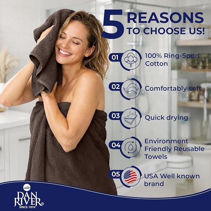 DAN RIVER 8 Piece Luxury Bath Towels for Bathroom, Towel Set, Brown | 2 Bath towels, 2 Hand towels, and 4 Wash Cloths, 600 GSM 100% Ring Spun Cotton, Highly Absorbent, Gym, Hotel, guest, and Spa