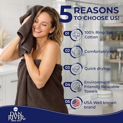 DAN RIVER 8 Piece Luxury Bath Towels for Bathroom, Towel Set, Brown | 2 Bath towels, 2 Hand towels, and 4 Wash Cloths, 600 GSM 100% Ring Spun Cotton, Highly Absorbent, Gym, Hotel, guest, and Spa