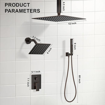 Rain Shower System 12" & 6" Dual Shower Heads Ceiling Shower Faucet Set | Ideal for bathroom remodels and upgrades with 12" rain shower, 6" angled shower, handheld spray and complete valve kit.