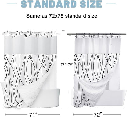 LXBNI No Hook Shower Curtain with Snap-in Liner, Waterproof & Washable Polyester Fabric, Abstract Line Pattern, Hotel Style Modern Shower Curtains for Bathroom, 71x77 Inches,Black & White