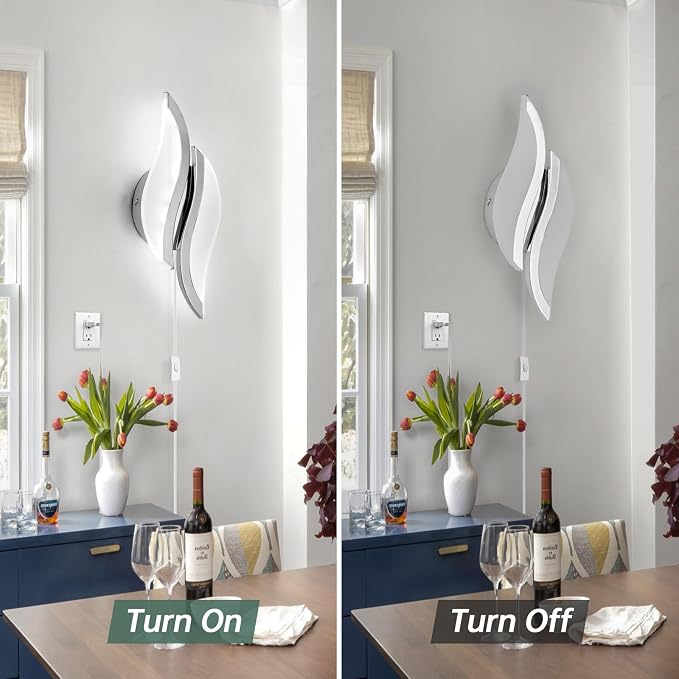 CANEOE Plug in Wall Sconces Set of Two 6000K Chrome Modern LED Wall Light Fixtures Acrylic Wall Sconce Lighting for Living Room Bedroom Bedside Bathroom Hallway Stairway Wall Lamp
