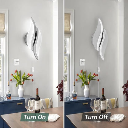 CANEOE Plug in Wall Sconces Set of Two 6000K Chrome Modern LED Wall Light Fixtures Acrylic Wall Sconce Lighting for Living Room Bedroom Bedside Bathroom Hallway Stairway Wall Lamp
