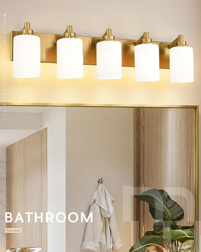 5-Light Bathroom Light Fixtures, 30 Inch Brushed Gold Vanity Light with Cylinder Milk White Glass Shade, Modern Vanity Lighting Fixtures Over Mirror, VL143-BG-ML-5