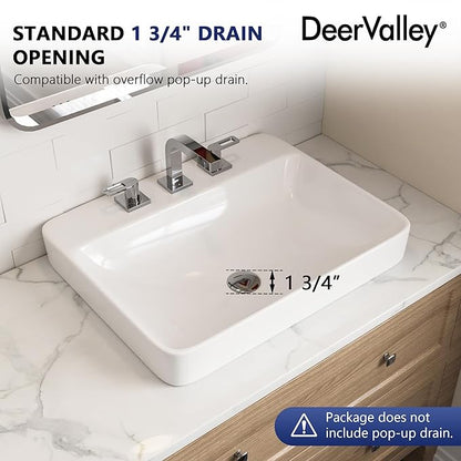DeerValley 24x19 Inch White Rectangular Drop-In Bathroom Sink, Semi-Recessed Ceramic Vessel Sink with Overflow and Single Faucet Hole, Model DV-1DS012101