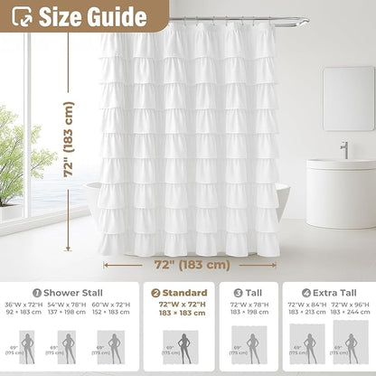 Seasonwood White Ruffle Shower Curtain Farmhouse Vintage Handcrafted Rustic Decorative Fabric Shower Curtains for Bathroom, 72" x 72"