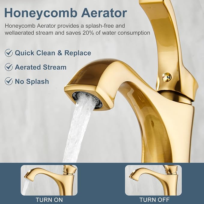 Brushed Gold Single Handle Bathroom Faucet, Deck Mount, 1 or 3 Hole Centerset, Solid Brass Body, Ceramic Disc Cartridge, Easy Installation, 6-Inch Deck Plate