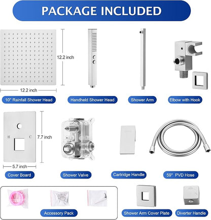 Rain Shower System, 12''Rain Head,2-Spray Handheld,Brushed Nickel | 2 Spray Functions,Anti-Tangle Explosion-proof PVD Hose,Balance Temp Valve,Rust-proof & Scratch-resistant