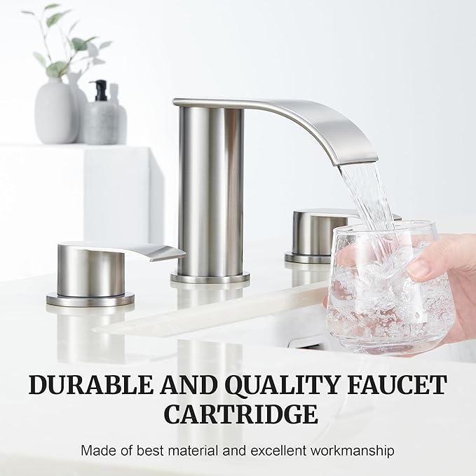 Ultimate Unicorn 8 inch Bathroom Faucet Brushed Nickel, Waterfall Bathroom Faucet with Metal Pop-up Sink Drain Stopper and 2 Supply Hoses,2 Handle Widespread Faucets for Vanity Sink 3 Holes