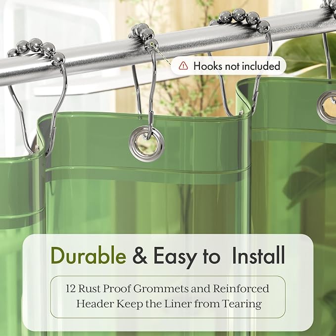 Bathway Shower Curtain Liner, Clear Shower Curtain Liner Green 72x72 PEVA Waterproof Shower Curtain Liner Plastic with 3 Magnets and 12 Rustproof Metal Grommets, Lightweight Shower Liner for Bathroom