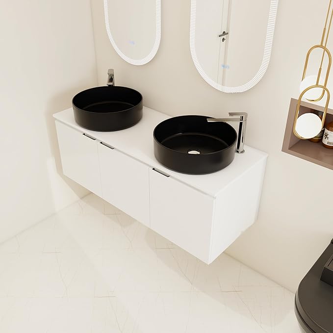 48 Inch Bathroom Vanity with Sink, 48" Floating Bathroom Vanity with Double Vessel Sinks, Modern Wall Mounted Cabinet Set, White Storage Cabinet with 3 Soft Close Doors and 2 Black Ceramic Basin Sinks