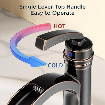 Forious Bathroom Sink Faucet Oil Rubbed Bronze Single Handle One Hole Antique Waterfall Bathroom Faucet with Metal Pop Up Drain and Deck Plate for Lavatory Vanity Farmhouse RV