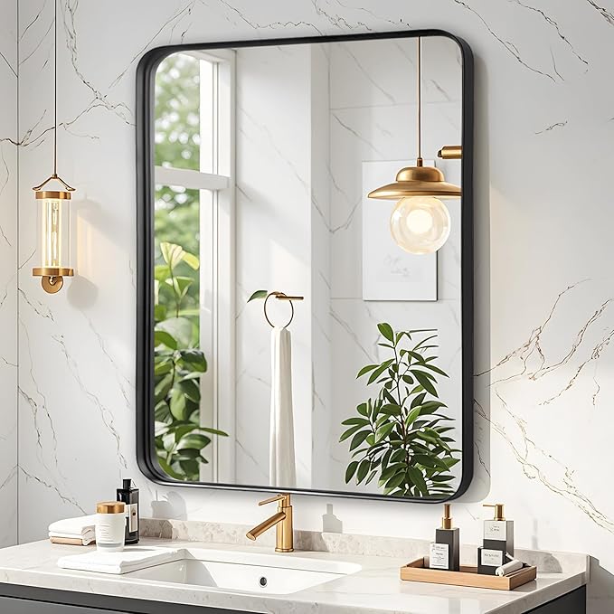 Fabuday Bathroom Mirrors for Over Sink - 24x30 Inch Black Framed Mirror for Bathroom, Small Vanity Mirror with Brushed Black Frame for Bedroom, Restroom, Farmhouse, Entryway Decor