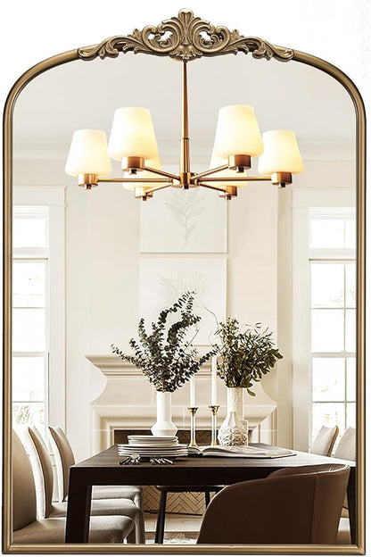 Vintage Gold Mirror, 24"x36" Antique Gold Bathroom Arched Mirrors | Wall Ornate Arch Brass Baroque Mirror Over Sink, Bedroom, Fireplace, Entryway, Living Room, Vantiy, Hanging or Leaning