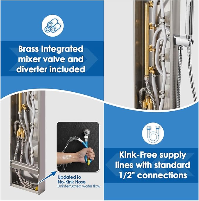 ROVOGO Shower Panel Tower with Rainfall Waterfall Shower Head, 5 Body Jets and 3-Function Handheld, High Pressure Rain Massage System, Wall-Mount Shower Column, 304 Stainless Steel Brushed