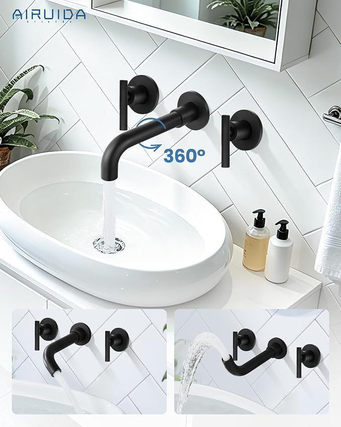 Airuida Wall Mounted Bathroom Sink Faucet,Matte Black Vanity Sink Faucet | Lever Handle,3 Holes,360° Widespread Swivel Spout,Rotatable Bathroom Faucet