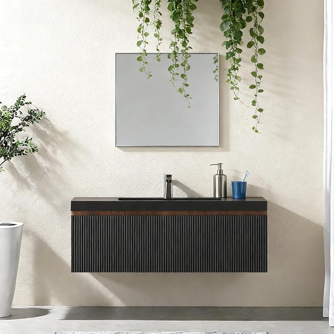 42'' Floating Bathroom Vanity with Sink, Wall-Mounted Bathroom Storage Cabinet with Soft-Close Striped Drawer & Quartz Sand Basin, Modern Smoked Walnut Body with Internal Handle, Black