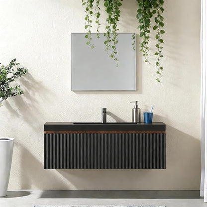 42'' Floating Bathroom Vanity with Sink, Wall-Mounted Bathroom Storage Cabinet with Soft-Close Striped Drawer & Quartz Sand Basin, Modern Smoked Walnut Body with Internal Handle, Black