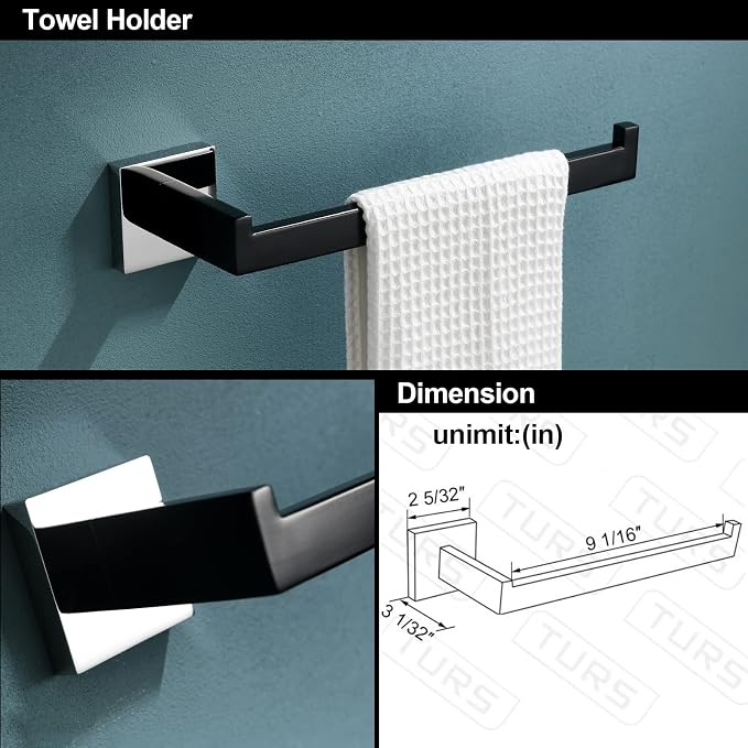 TURS 5-Piece Bathroom Hardware Set Matte Black and Polished Chrome Towel Bar Holder Set Hand Towel Holder Toilet Paper Holder and 2 Towel Hooks,Stainless Steel Wall Mounted