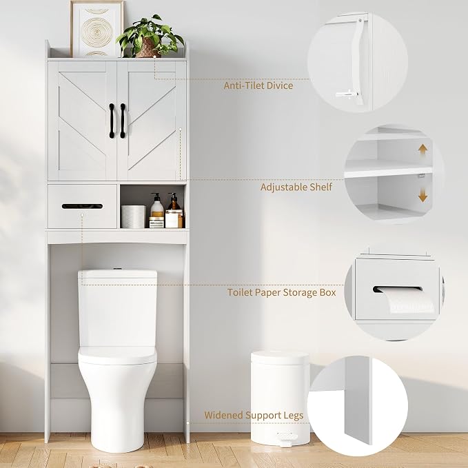 GarveeHome Over the Toilet Storage, Anti-Tip, Adjustable Shelf, White | Bathroom Cabinet, Toilet Paper Holder, Sturdy Build, for Bathroom Restroom Laundry