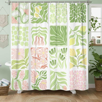 JAWO Sage Green Cute Boho Floral Shower Curtain, Colorful Abstract Floral Retro Aesthetic Shower Curtain for Bathroom, Funky Unique Waterproof Fabric Polyester Bath Curtains with Hooks,70Wx90H
