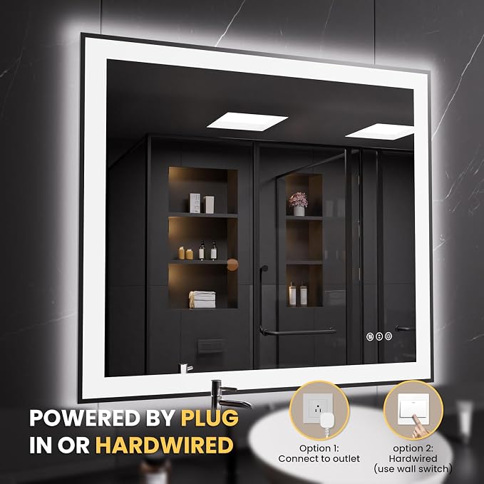 LOAAO 40"X36" LED Bathroom Mirror Black Framed | Anti-Fog, Dimmable, Memory Function, Tempered Glass, Lighted Vanity Mirror for Wall